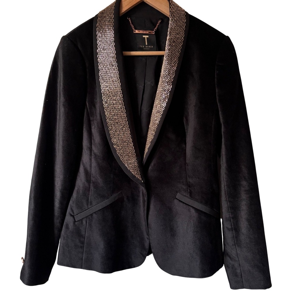 $395 TED BAKER London Kairaa Blk Velvet Suit Jacket Chain‎ Collar Blazer US2/UK6 - Picture 2 of 16